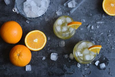 High angle view of orange fruits on table