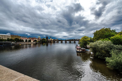 Scenic view of river by buildings against sky