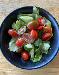 High angle view of salad in bowl on table