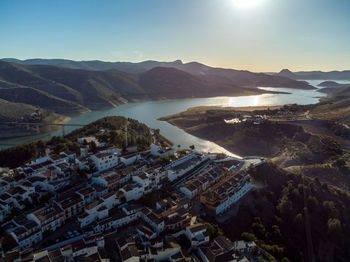 High angle shot of townscape against sky