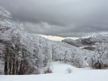 Scenic view of snow covered mountains against sky