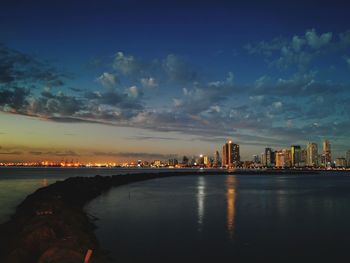 City at waterfront during sunset