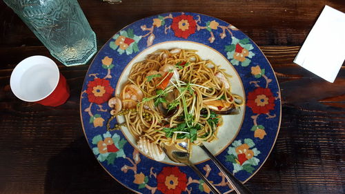 High angle view of meal served on table