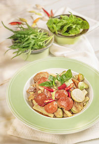 High angle view of salad in plate on table