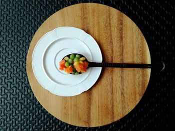 High angle view of salad in bowl on table