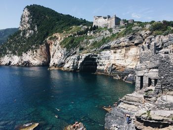 Scenic view of sea and rocky mountains during sunny day