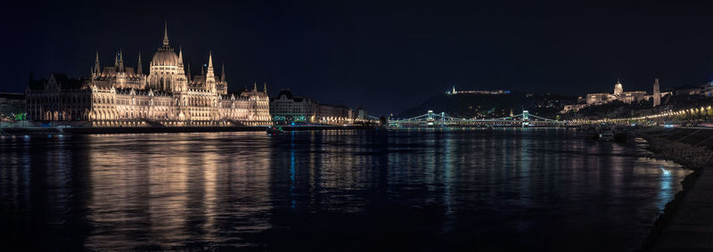 Panoramic view of illuminated hungarian parliament building against sky at night