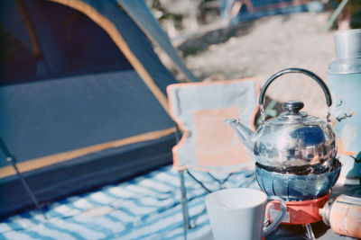 High angle view of coffee on table