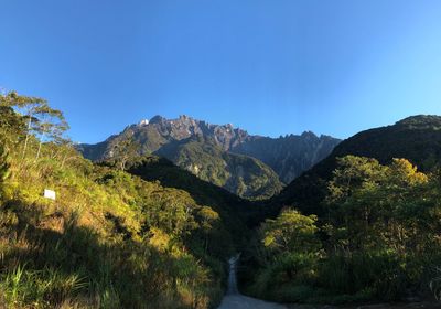 Scenic view of mountains against clear blue sky