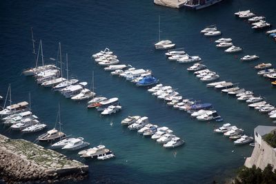 High angle view of sailboats in sea