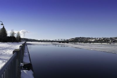 Calm sea against clear blue sky