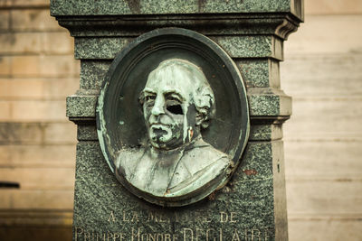 Close-up of statue against building