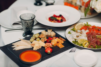 High angle view of food served on table