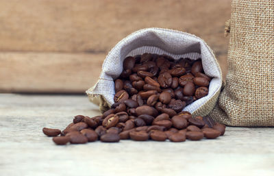 Close-up of coffee beans on table