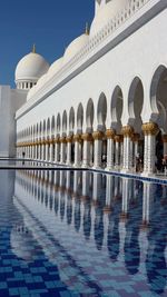 Reflection of building in swimming pool