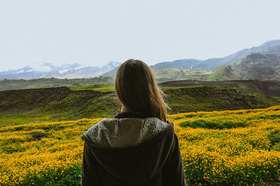 Rear view of woman looking at landscape against sky