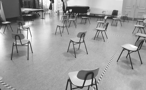 Empty chairs and tables in a hall