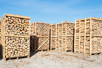 Stack of wood against sky