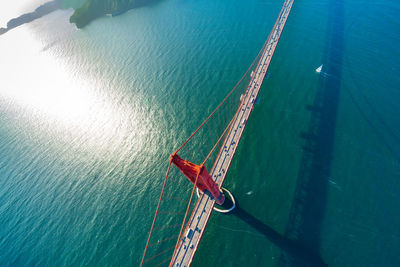 High angle view of sailboat in sea