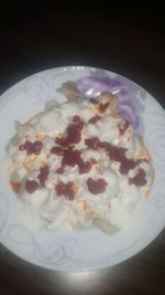 High angle view of breakfast in plate on table