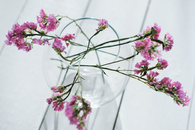 Delicate pink flowers in round glass vase. spring aesthetic.  minimal style home decor.