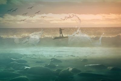 Digital composite image of man surfing on wave in sea against sky