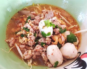 High angle view of soup in bowl