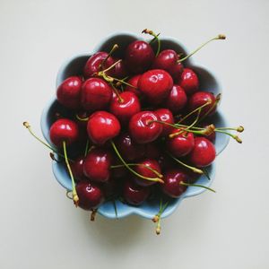 Close-up of cherries over white background