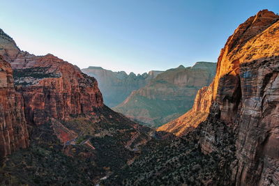 View of rock formations at sunset in zion national park