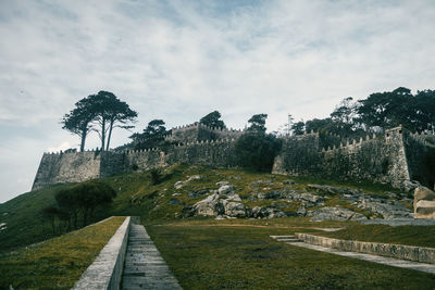 View of trees on landscape against cloudy sky