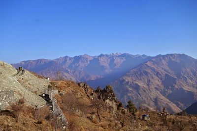 Scenic view of mountains against clear blue sky
