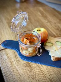 High angle view of drink in glass jar on table