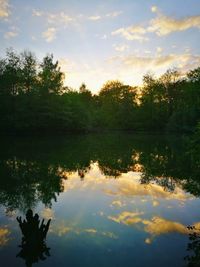 Scenic view of lake against sky at sunset