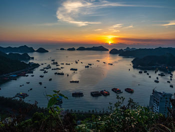 High angle view of sea against sky during sunset