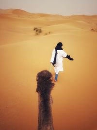 Rear view of man on sand dune in desert