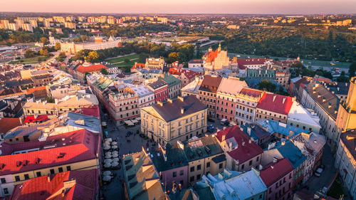 High angle view of cityscape against sky