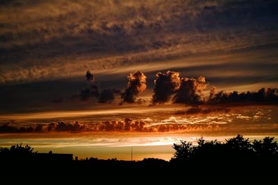 Silhouette trees against dramatic sky during sunset