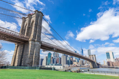 Low angle view of bridge against cloudy sky