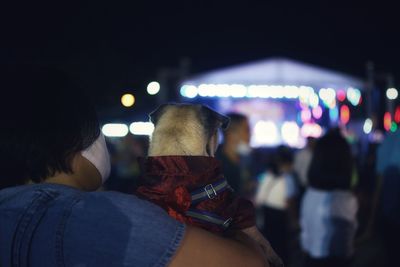 Rear view of people in illuminated city at night