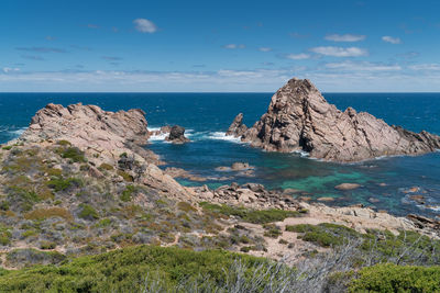 Scenic view of rocks in sea against sky