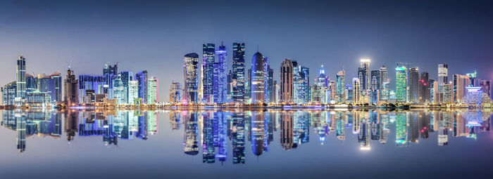 Reflection of illuminated buildings on river at night