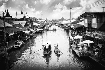 High angle view of people on boat in river