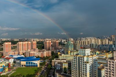 Rainbow over buildings in city against sky