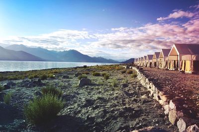 Tents at pangong tso lakeshore