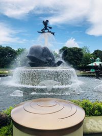 Water fountain in swimming pool against sky