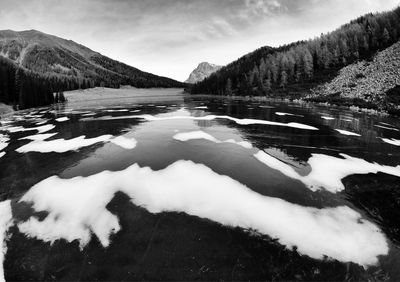 Scenic view of lake against sky during winter