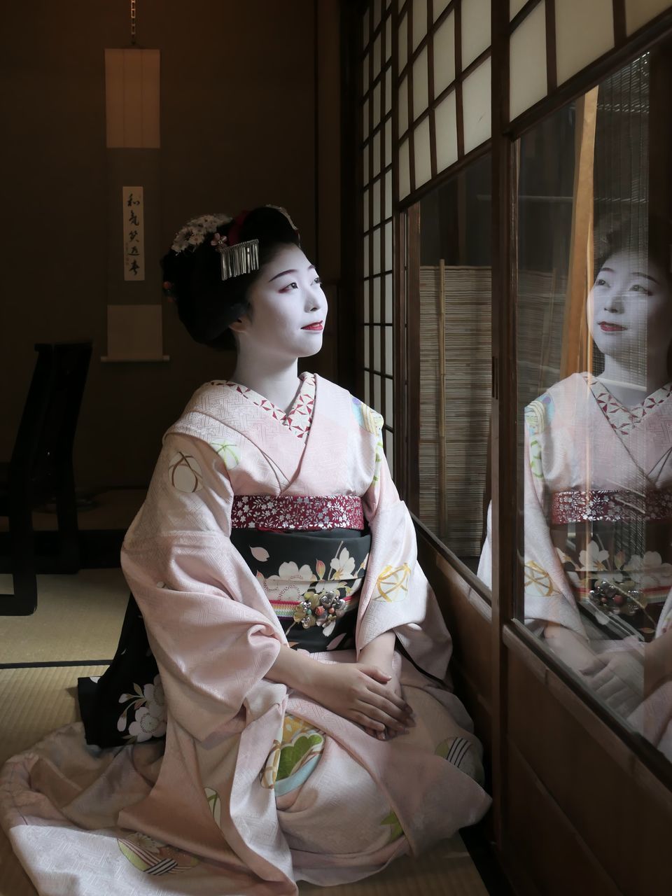 female, culture, kimono, women, adult, clothing, traditional clothing, sitting, robe, indoors, young adult, fashion, costume, tradition, lifestyles, architecture, two people, ceremony, elegance, portrait, history, the past, looking, person