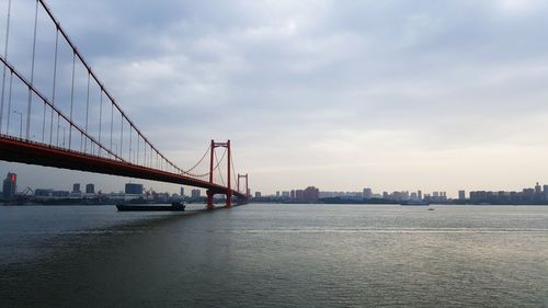 View of suspension bridge against cloudy sky