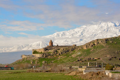 Scenic view of khor virap in front of the mount ararat, armenia