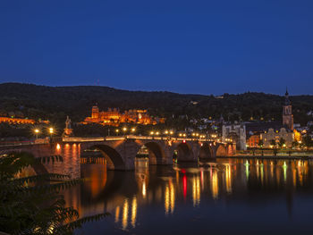 Illuminated bridge over river by buildings against clear sky at night